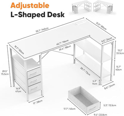 DUMOS L Shaped Desk with Shelf Drawers 55 Inch, White Corner Computer Desks Gaming with Power Outlet, Study Table with Adjustable Shelves, Home Office Tables for Bedroom Teacher Reading Writing