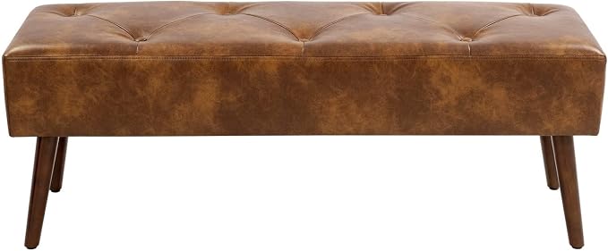 Furniliving 44 Inch Tufted Leather Bench, Leather Footrest Stool Bedroom Bench Seat, Upholstered Tufted Beathable Fabrics Ottoman Bench with X-Shaped Wood Legs for Kitchen, Solid Wood Indoor Bench
