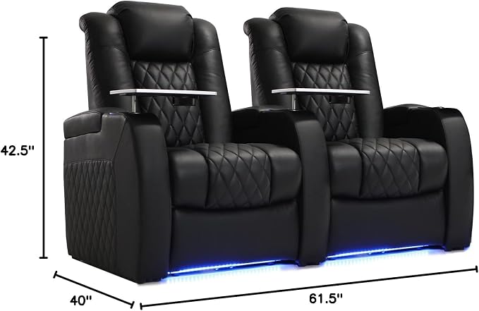 Weilianda Home Theater Seating Top Grain Leather Zero Gravity Recliner Chair Power Headrest Recline Movie Seat Gaming 7 Colors Mood Light Sofa with Tray Table USB Charge Row of 2 Black