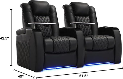 Weilianda Home Theater Seating Top Grain Leather Zero Gravity Recliner Chair Power Headrest Recline Movie Seat Gaming 7 Colors Mood Light Sofa with Tray Table USB Charge Row of 2 Black