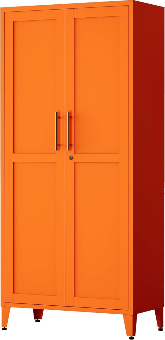 Heavy Duty Metal Cabinet with 3 Adjustable Shelves, Lockable Double Door Storage Locker, 61" Tall Utility Closet for Living Room Home Office Orange 61" H X 27.6" W X 13.8" D