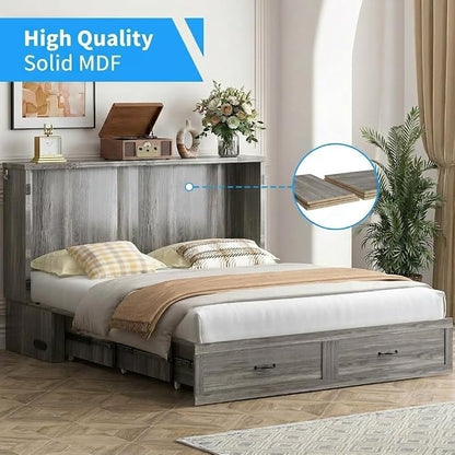 PUREMIND Queen Murphy Bed Cabinet, Bedroom Cabinet Beds with USB Charging Station, Murphy Chest Bed with Storage Drawers, Horizontal Wallbed for Guest Room Grey