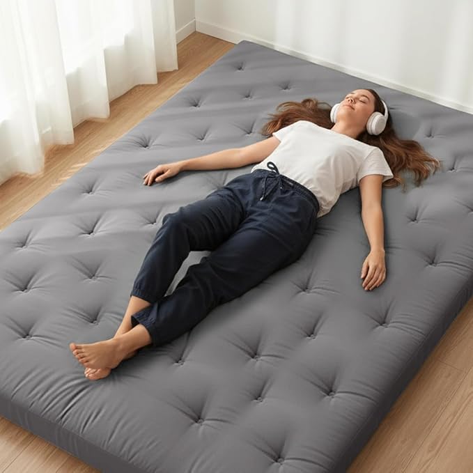 ZonLi Japanese Floor Futon Mattress Twin Size 75"x 39", 100% Cotton Cover 4'' Thicken Tatami Mattress, Foldable Sleeping Pad, Portable Dormitory Tatami Mat, Roll Up Floor Lounger Bed for Adult (Grey)
