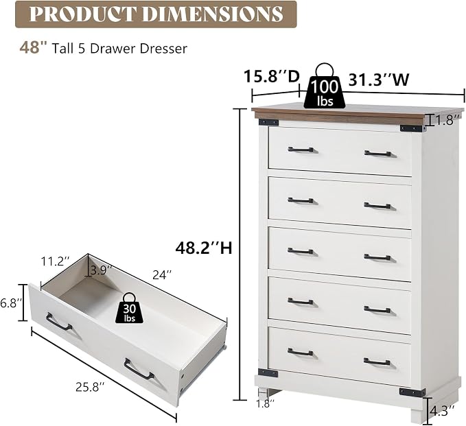AMERLIFE 2 Pieces Farmhouse Bedroom Set, Includes Wood Rustic King Size Bed Frame with 51" Tall Headboard, 48" Tall 5 Drawers Dresser Chest, Heavy Duty Thick Plank Styling, Antique White
