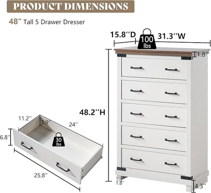 AMERLIFE 2 Pieces Farmhouse Bedroom Set, Includes Wood Rustic Queen Size Bed Frame with 54" Tall Headboard, 48" Tall 5 Drawers Dresser Chest, Heavy Duty Thick Plank Styling, Antique White