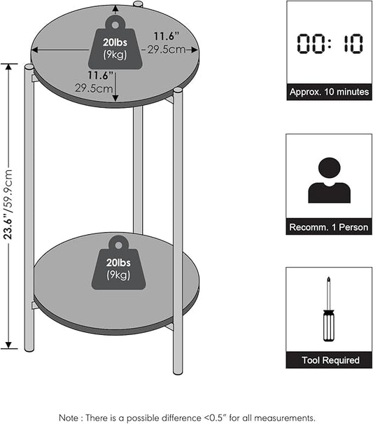 Furinno BESI Night Stand, 2-Tier Tall Round Nightstand with Metal Legs, Metal Frame Narrow End Table with Open Shelf, Side Table, Bedside Table, for Bedroom, Closet, Dorm, Marble White