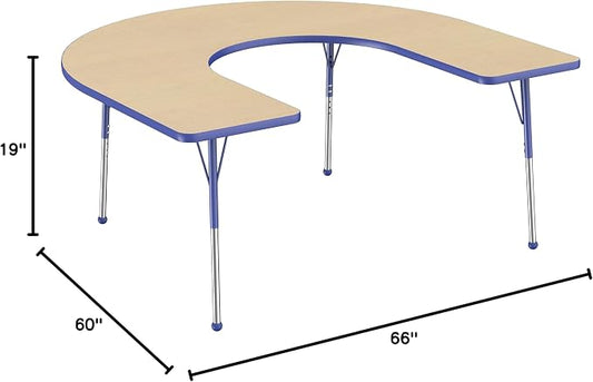 FDP Horseshoe Activity School and Office Table (60 x 66 inch), Standard Legs with Ball Glides for Collaborative Seating Environments, Adjustable Height 19-30 inches - Maple Top and Blue Edge