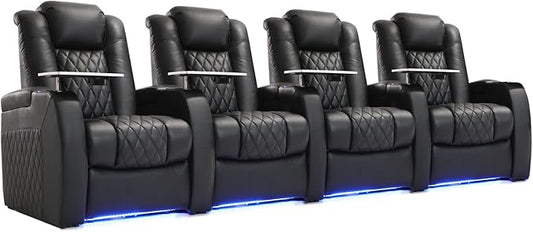 Weilianda Home Theater Seating Top Grain Leather Zero Gravity Recliner Chair Power Headrest Recline Movie Seat Gaming 7 Colors Mood Light Sofa with Tray Table USB Charge Row of 4 Black