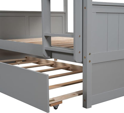 Merax Trundle Bunk Bed, Full Over Full Wood Bunk Bed with Twin Size Trundle, Guardrail and Ladder, Can be Separated into 2 Beds, Grey