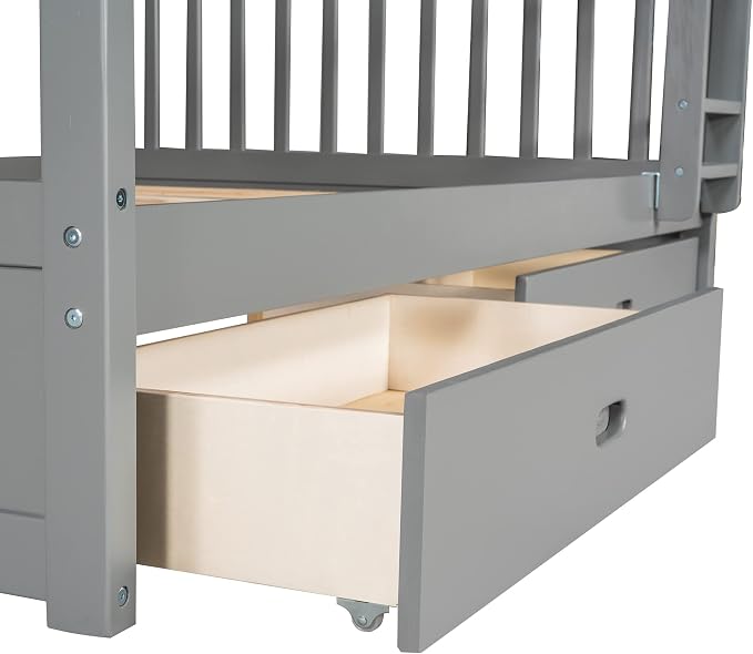Merax Full-Over-Full Bunk Bed with Two Storage Drawers, Solid Wood Full Size Bunk Bed with Guardrail and Removable Ladder, Can be Converted Into 2 Separate Beds, Grey