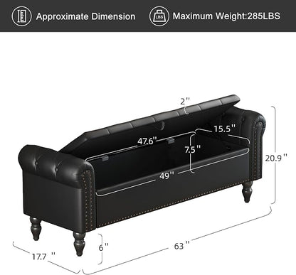 Furniliving 63” End of Bed Bench, Bedroom Bench with Button-Tufted, Upholstered King Storage Ottoman Benches Queen Entryway Bench with Storage Shoe Cabinet Bench, for Bedroom, Black