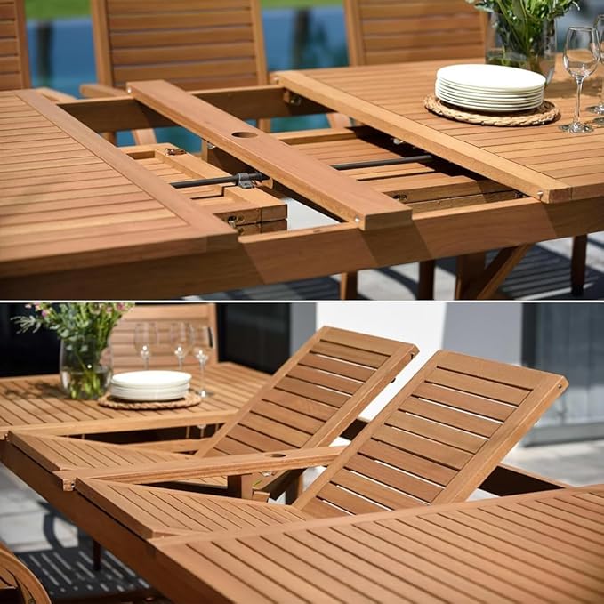 Amazonia Franklin 13-Piece Teak Finish Wood and Aluminum Rectangular Extendable Patio Dining Set | Ideal for Outdoors and Indoors