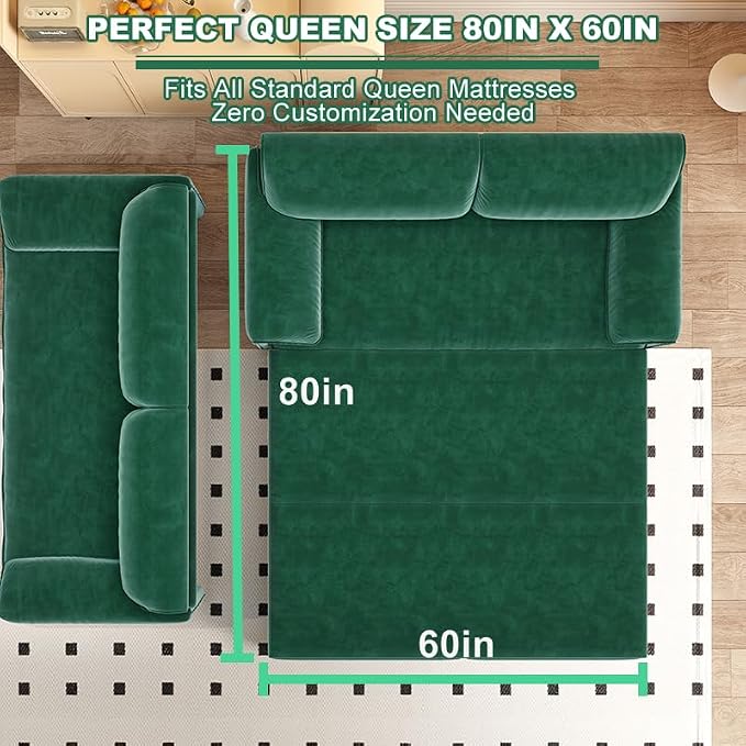 66" Sofa Bed Queen Size, Pull Out Couch Bed, 3-in-1 Convertible Sleeper Sofa with Side Pocket, Modern Velvet Futon Couch for Living Room, Small Space, Apartment, Bedroom, Green