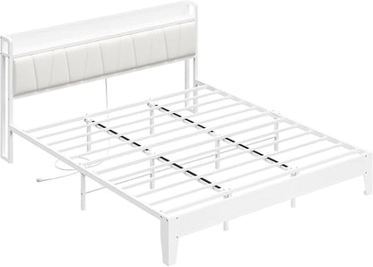 LIKIMIO California King Bed Frames, PU Leather Storage Headboard with Charging Station, Solid and Stable, Noise Free, No Box Spring Needed, Easy Assembly, White