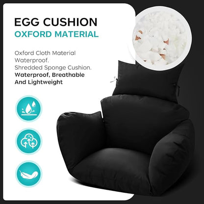 Egg Chair Cushion Replacement, Waterproof Thicken Hanging Egg Swing Chair Cushion for Outdoor Furniture, Wicker Rattan Hammock Basket Cushion with Headrest Pillow 47x31.5x4.7 inch(Black)