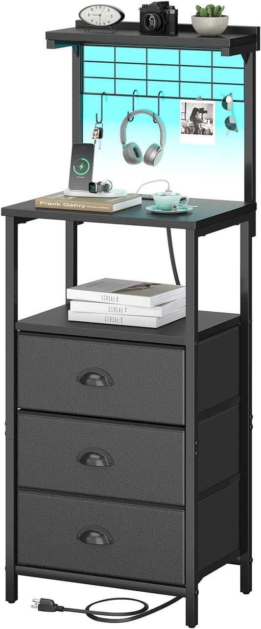 sthmec Bedside Tables Tall Nightstands with Charging Station, LED Bedside Table for Bedroom - 3 PU Fabric Drawers, Hooks, Black