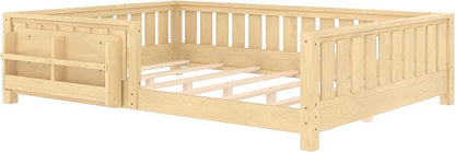 Bellemave Queen Size Floor Bed with high Rails and with Built-in Bookshelf for Kids, Girls, Boys, Wood Montessori Floor Bed Without Door, Light Natural