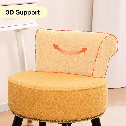Vanity Chair with Back, Sherpa Stool with Tufted Backrest & Gold Nailhead Trim, Round Vanity Seat for Bedroom and Bathroom Makeup, Support 220lbs, Easy Assembly (Yellow)