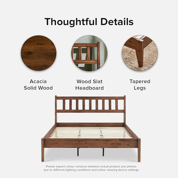 mopio Ted Bed Frame with Headboard, Mid Century Modern Acacia Solid Wood Platform Bed Frame, Wooden Slats, No Box Spring, Double Metal Bar Support (Solid Wood, Queen (U.S. Standard))