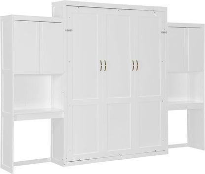 Ball & Cast Murphy Bed Queen Bed Frame with Headboard,Hideaway Bedframe w/Vanity and Cabinets,Wood Wall Cabinet,Slat Support,can be Folded,No Box Spring Needed,for Small Room,White