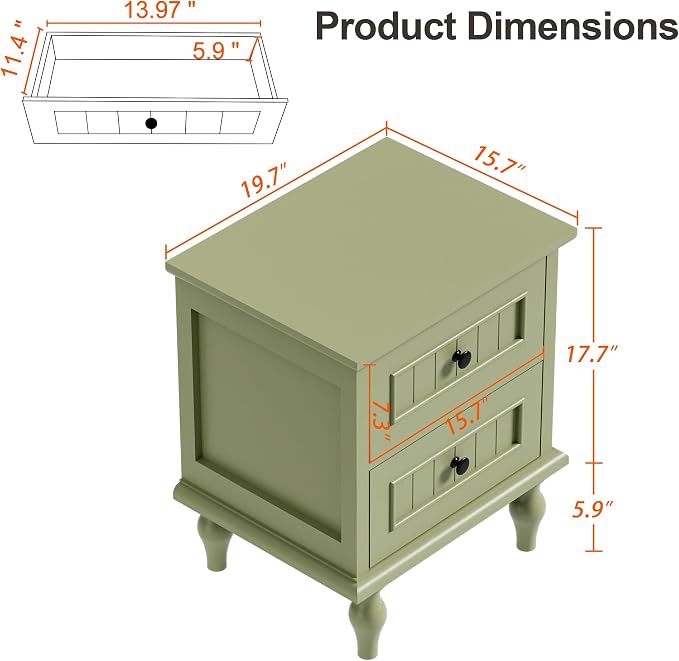 Antique Bedroom Set, 6 Drawer Dresser with Nightstands Set of 2 (Green) | Vintage Style, Paint, with Drawers, Large Storage