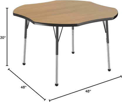 FDP Clover (48 x 48 inch) Collaborative Classroom Table with Adjustable Standard Ball Glide Legs (19-30 in) School and Office Furniture - Pasadena Oak Top/Black Edge and Legs
