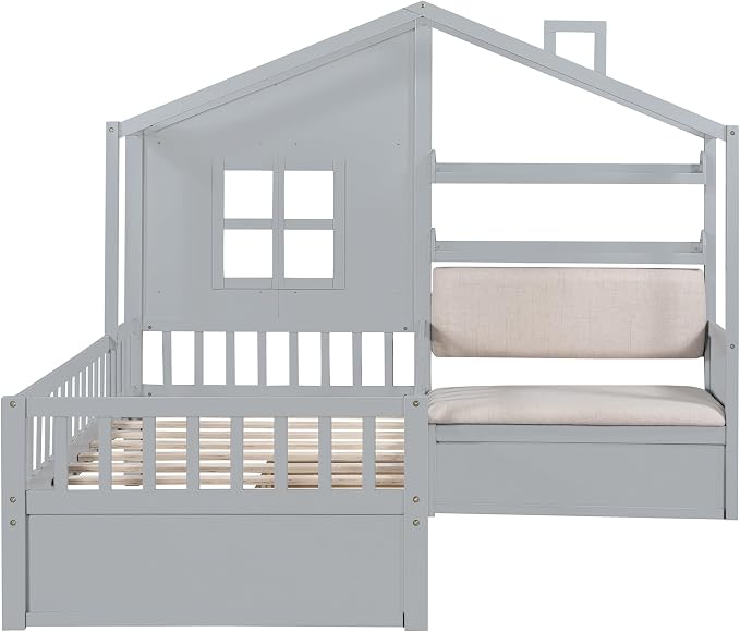 Merax Twin Size House Bed with Upholstered Sofa Seat, Grey Kids Platform Bed with Two Drawers and Storage Shelf, Wood Bed Frame