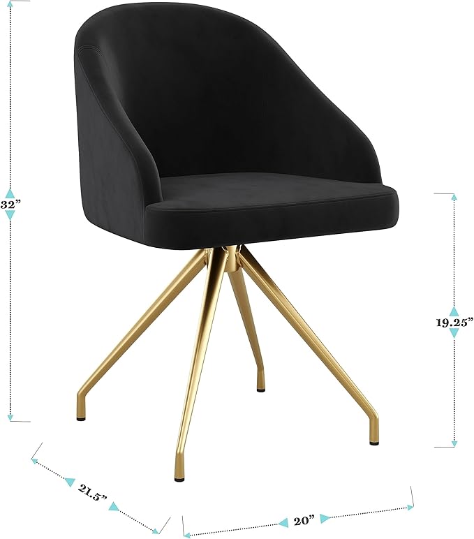 Martha Stewart Sora Stationary Swivel Task Chair with Sloped Arms for Home Office in Black Velvet with Polished Brass Frame