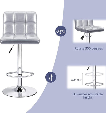 Furniwell Bar Stools Modern Pu Leather Swivel Adjustable Barstools Armless Counter Height Swivel Bar Stool Synthetic Leather Height Square Barstool with Set of 2(Silver)