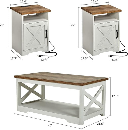 AMERLIFE 3-Piece Farmhouse Living Room Table Set with Coffee Table & 2 End Tables, Charging Station & USB Ports, Distressed White