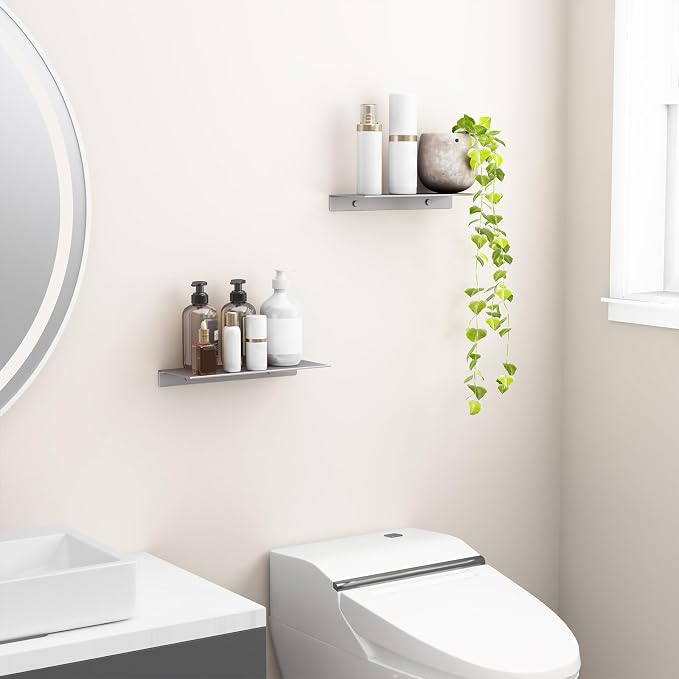 Danpoo 12 inch Gray Metal Floating Shelves for Wall Organizer & Storage, Display Shelves for Bathroom, Living Room, Kitchen, Bedroom(2-Pack)