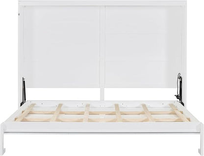 Ball & Cast Queen Size Murphy Bed with Charging Station and Slat Support,Wood Hideaway Cabinet Platform Beds w/Leg & Lock,can be Folded,Space-Saving,for Small Room,Dorms,White