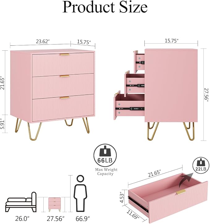 Fluted 3 Drawer Dresser for Bedroom, Modern Storage Bedroom Dresser Chest Cabinet Organizer with Anti-Tip Hardware for Living Room, Dressing Room, Kids Room, Office (Pink)