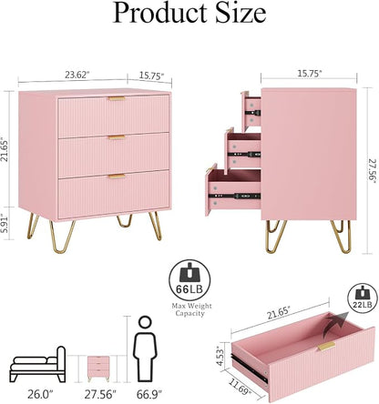 Fluted 3 Drawer Dresser for Bedroom, Modern Storage Bedroom Dresser Chest Cabinet Organizer with Anti-Tip Hardware for Living Room, Dressing Room, Kids Room, Office (Pink)