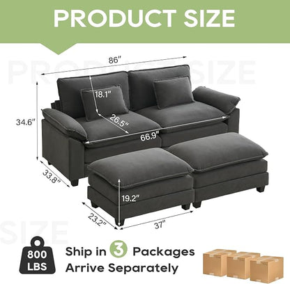 Oprisen 86" Modular Sectional Sofa, Comfy Cloud Couch Sectional Sofa with Ottoman, Velvet Sofa Sleeper Deep Seat Sofa with Throw Pillows for Living Room (Blue Grey)