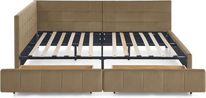 Bellemave Full Size Corner Bed Frame with Storage Drawers, Comfortable Backrest and Armrests, Velvet Tufted Corner Bed Frame Full Size, Upholstered Daybed for Bedroom, Living Room, Guest Room, Brown