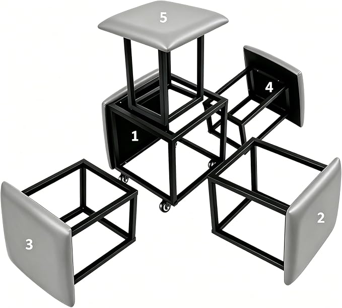 5 in 1 Nesting Ottoman Cube Chair, Stackable Stools, Leather Square Ottoman Bench, Foot Stool with Wheels for Living Room,Dining Room 15.75x15.75x16.54 inches