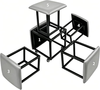 5 in 1 Nesting Ottoman Cube Chair, Stackable Stools, Leather Square Ottoman Bench, Foot Stool with Wheels for Living Room,Dining Room 15.75x15.75x16.54 inches