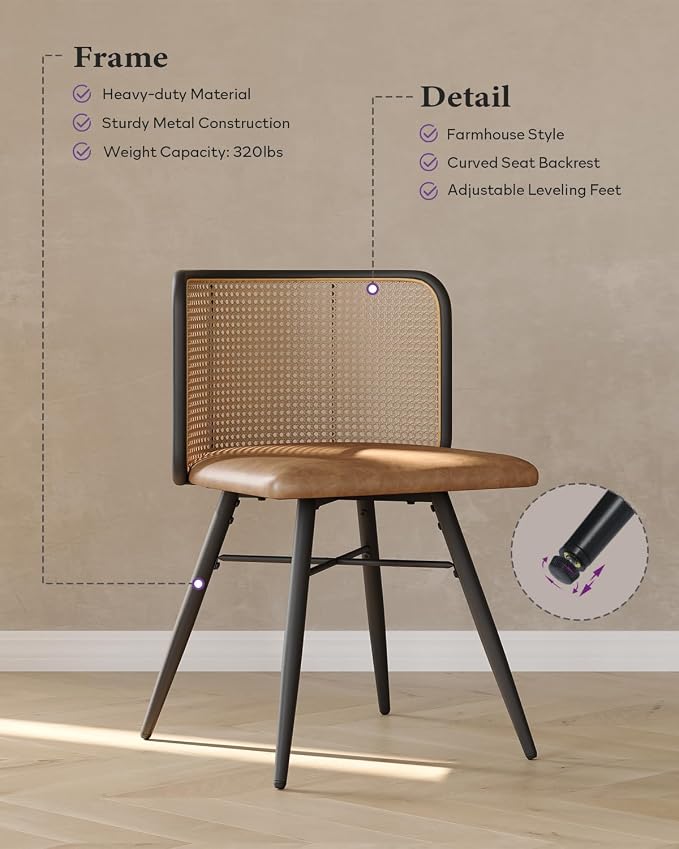 TYBOATLE Farmhouse Rattan Dining Chairs Set of 4 (Brown) | Boho, Natural Cane Woven Back, Faux Leather Seat, Metal Legs, Upholstered, Kitchen, Dining Room