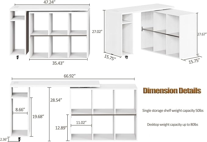 BOSHIRO White L-Shaped Computer Desk Table with Charging Station–Small Study Writing Desk with Backless Storage Shelves, 67” Bedroom Side Table & 360°Rotating Desk