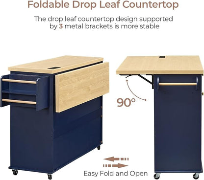 60.2" Kitchen Islands with Storage, Rolling Island Table with Trash Can Storage Cabinet, Mobile Island Cart with Drop Leaf & Power Outlet & Spice Rack & Towel Rack & Knife Holder, Blue