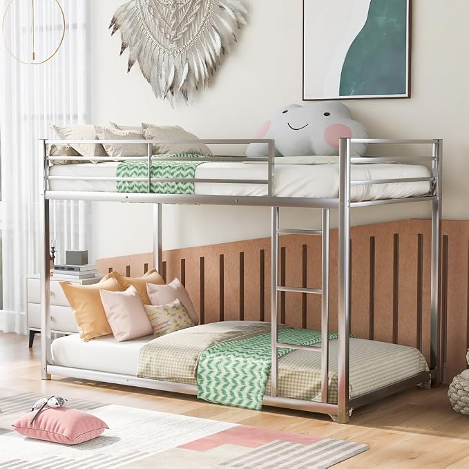 Low Metal Bunk Bed Frame for Kids, with Built-in Ladder, High Guardrail and Metal Slats, Floor Bed Bottom Bunk, No Boxspring Required, for Small Spaces, Twin-Over-Twin (Silver)