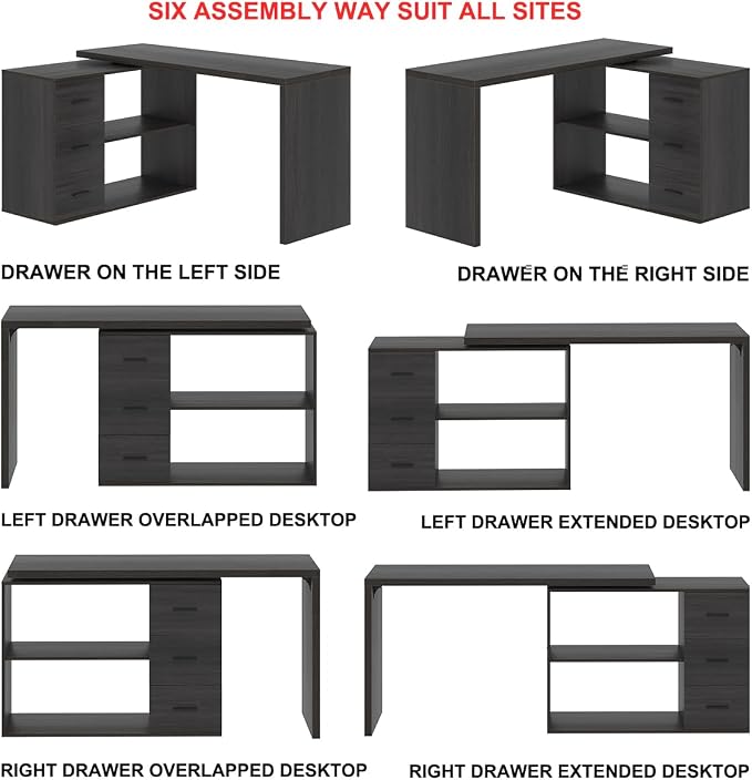 HSH Dark Grey L Shaped Computer Corner Desk with 3 Storage Drawers 55 inch | Reversible Home Office Corner Desk with 2 Open Side Shelves Modern Wood Executive L Desks for Bedroom,Study Workstation