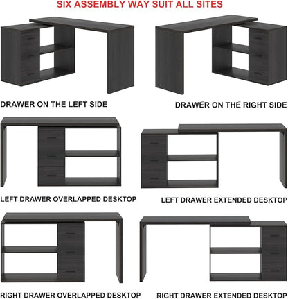 HSH Dark Grey L Shaped Computer Corner Desk with 3 Storage Drawers 55 inch | Reversible Home Office Corner Desk with 2 Open Side Shelves Modern Wood Executive L Desks for Bedroom,Study Workstation