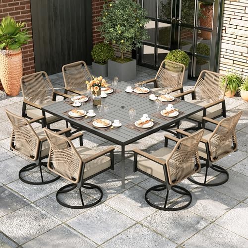 MIXPATIO 9pc Patio Dining Set, 57.5" Square Metal Table, 8 Swivel Chairs