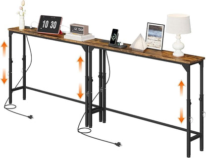 CHOEZON 78.7" Narrow Console Table with Adjustable Height (21.1"-29.9"), Set of 2, Behind Couch Table, Entryway Table with Power Outlet, Sofa Table for Entryway, Rustic Brown and Black TXG11UP2BF