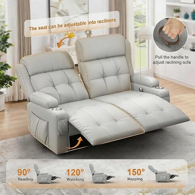Reclining Loveseat, 55.1" RV PU Leather Wall Hugger Recliner Love Seats Sofa with Charging Station, Removable Armrest, Cup Holder, Double Recliners Couch, Manual Love Seat for Living Room