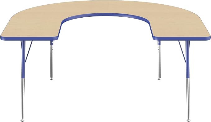 FDP Horseshoe Activity School and Office Table (60 x 66 inch), Standard Legs with Swivel Glides for Collaborative Seating Environments, Adjustable Height 19-30 inches - Maple Top and Blue Edge