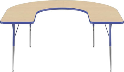 FDP Horseshoe Activity School and Office Table (60 x 66 inch), Standard Legs with Swivel Glides for Collaborative Seating Environments, Adjustable Height 19-30 inches - Maple Top and Blue Edge