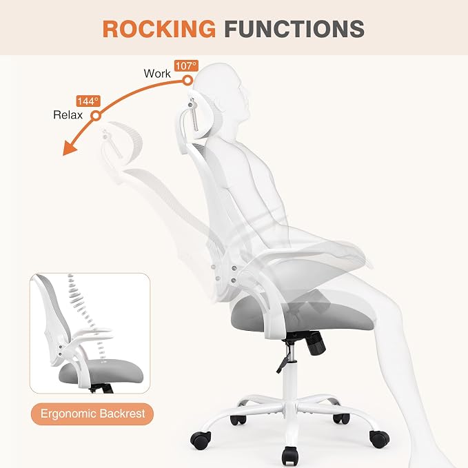 Sweetcrispy Home Office Desk Chair, Ergonomic High-Back Mesh Rolling Work Computer Chairs with Wheels and Adjustable Headrests, Comfortable Lumbar Support, Comfy Flip-up Arms for Bedroom, Study, Grey